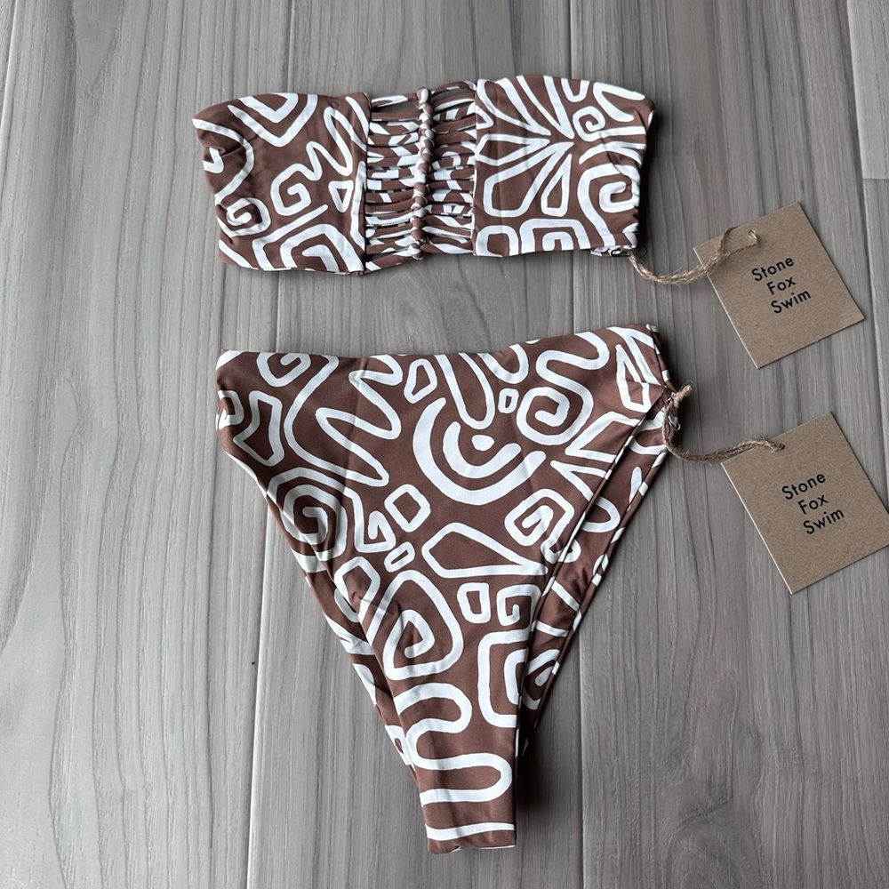 Stone Fox Swim Brown and White Abstract Bandeau Bikini Set